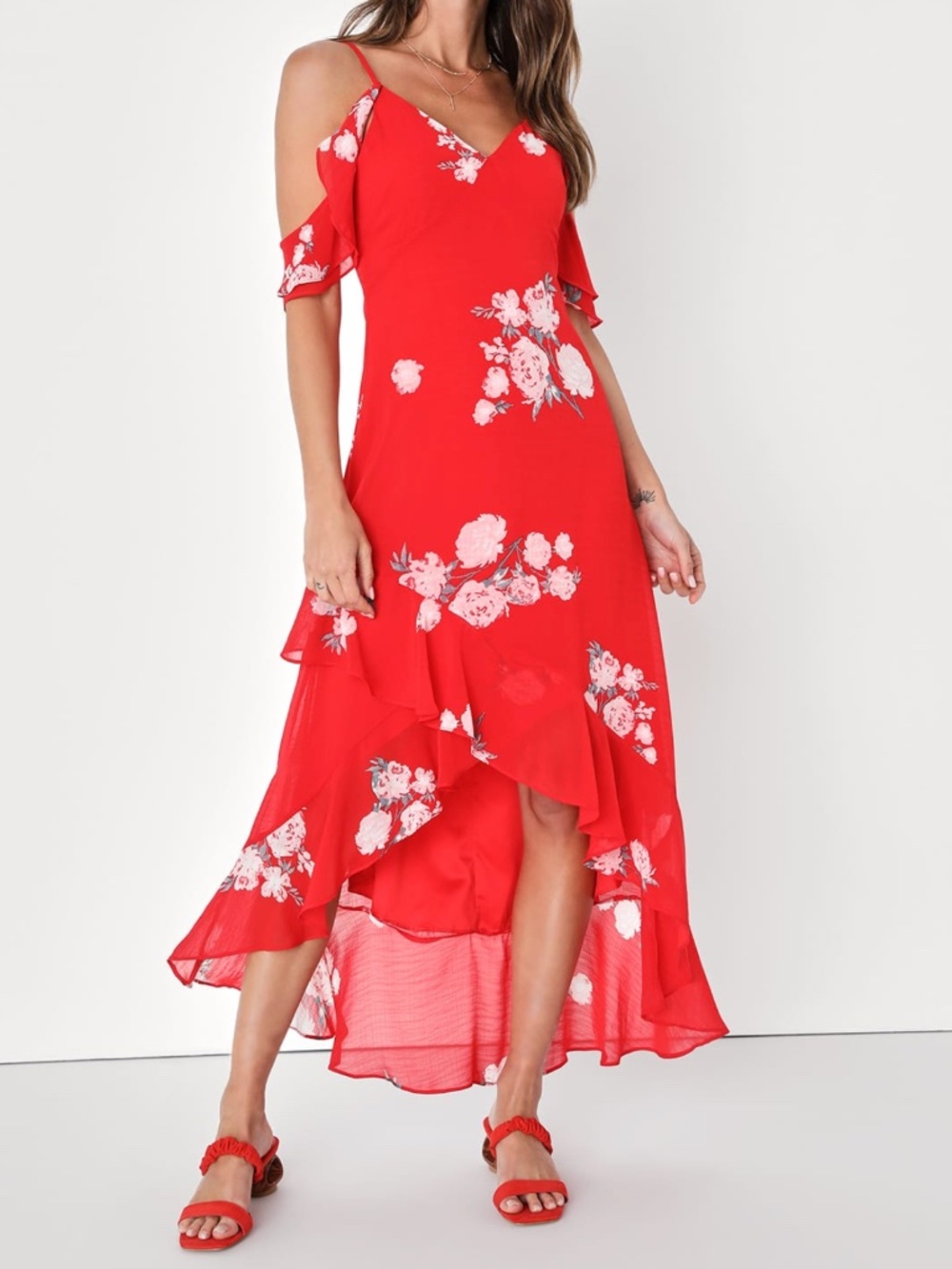 NWT Lulu's Love in Bloom Red Floral Print Off-the-Shoulder High-Low Dress Medium